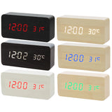 Multicolor Sound Control Wooden Wood Square LED Alarm Clock Desktop Table Digital Thermometer Wood USB/AAA Date Display