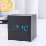 Multicolor Sound Control Wooden Wood Square LED Alarm Clock Desktop Table Digital Thermometer Wood USB/AAA Date Display